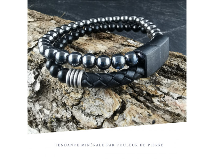 Bracelet Homme Cuir Double avec apprêt Hématite et Obsidienne noire