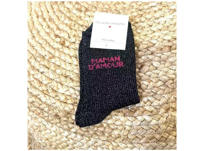 V315- Chaussettes paillettes "Maman d'Amour" (noir)