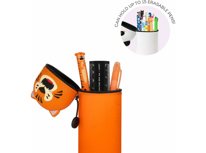 Legami - Kawaii Étui École 2 en 1 en Silicone Souple, Porte-stylos de Table, Fermeture à Glissière, Stylos Crayons Feutres TIGER