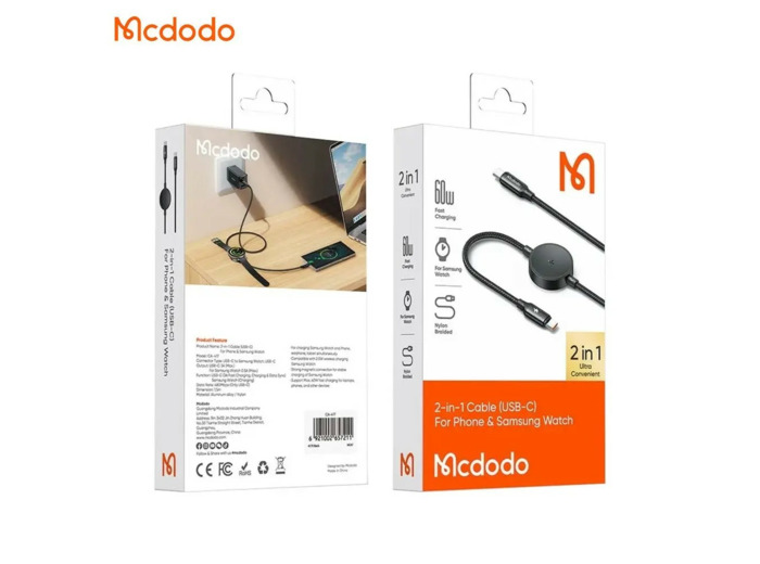 MCDODO Câble de charge montre connectée USB-C vers USB-C 60W + Pad de charge à induction Samsung Watch (1.5m)