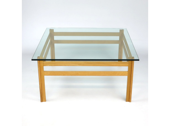Table basse en chêne et verre années 70