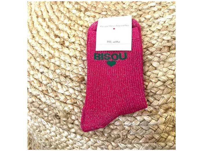 V317- Chaussettes paillettes "Bisou" (fuchsia)