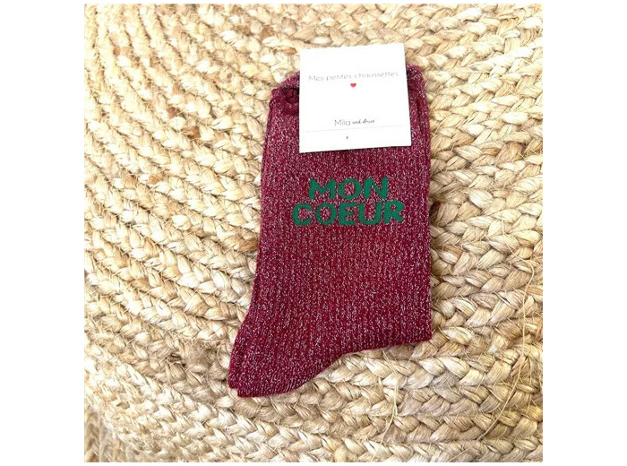 V325- Chaussettes paillettes "Mon Coeur" (bordeaux)