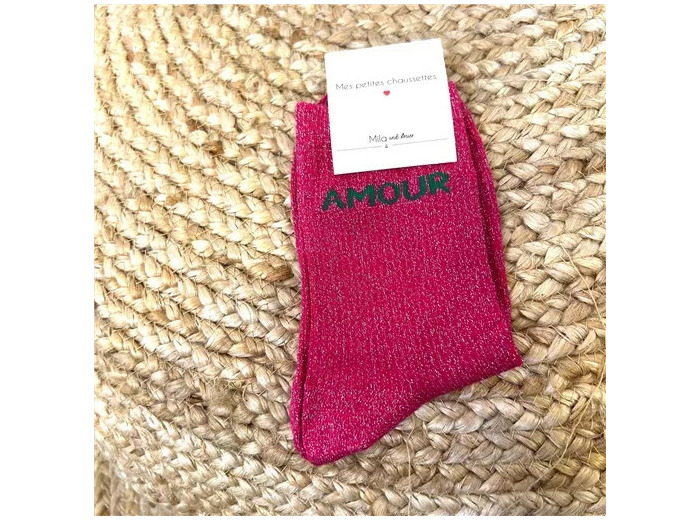V329- Chaussettes paillettes "Amour" (fuchsia)