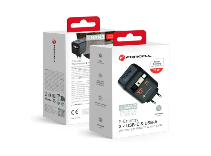 FORCELL F-Energy Chargeur mural 70W USB-C + USB-A avec câble USB-C intégré