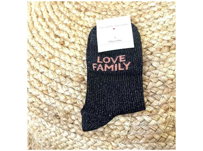 V327-Chaussettes paillettes "Love Family" (noir)