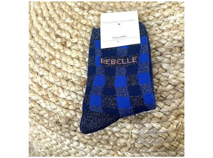 V323- Chaussettes paillettes "Rebelle" (bleu royal)