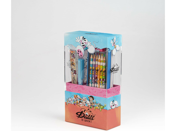 Diddl - Set Écriture A6 1 Cahier + 1 Stylo + 1 gomme + 1 Règle + 6 Crayons de Couleur + 1 Taille Crayon + 1 Plumier - Set Papeterie - Idée Cadeau Enfant et Fan Nostalgique des Années 90