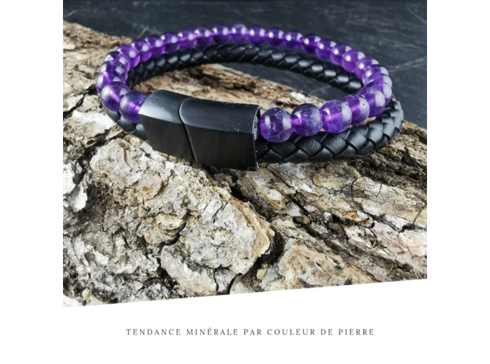 Bracelet Homme Cuir Double Améthyste