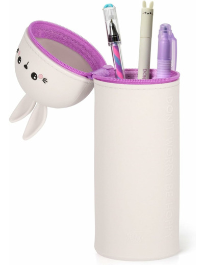 Legami - Kawaii Étui École 2 en 1 en Silicone Souple, Porte-stylos de Table, Fermeture à Glissière, Stylos Crayons Feutres BUNNY