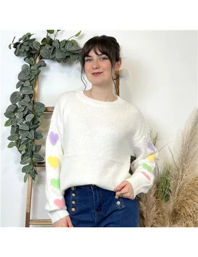 K584- Pull Coeurs "Version Féminin" (Tu) (ecru)