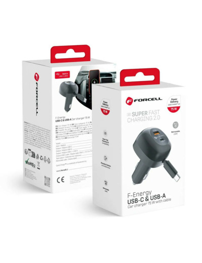 FORCELLE F-Energy Adaptateur allume cigare USB-C + USB-A + Câble rétractable USB-C 75W