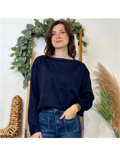 K092- Pull col en rond Lurex Version Féminin (marine)