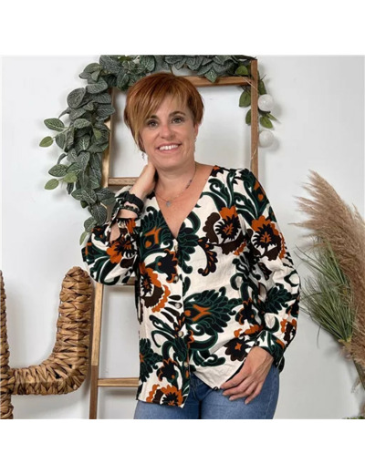 K107- Blouse "In April" imprimée (vert sapin)