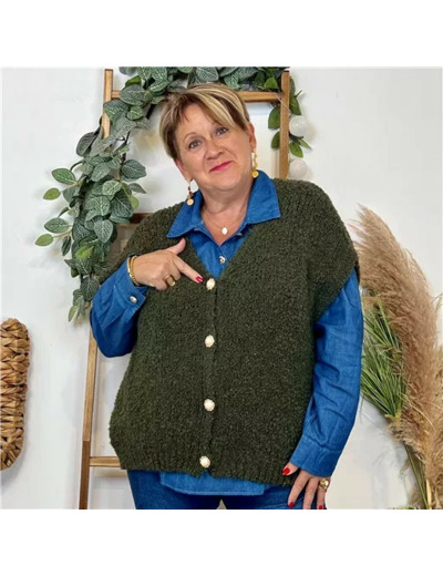 K128- Gilet bouclette sans manches (Tu) (kaki)