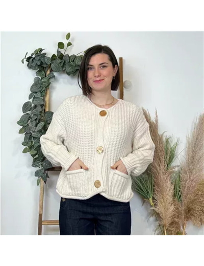 K678- Gilet Grosse Maille bouton doré (Tu) (ecru)