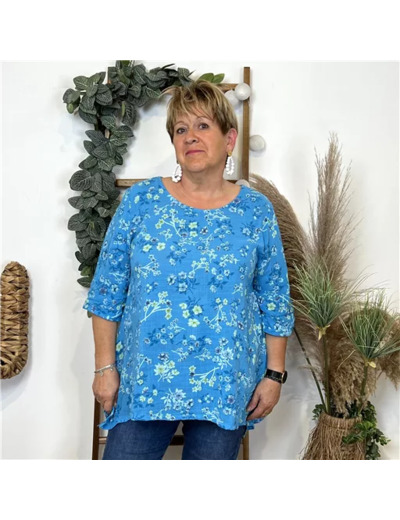L468- Tunique coton Fleurettes (Gt) 🇮🇹 (bleu turquoise)