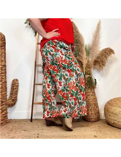 L787- Pantalon Flou "Feuilles"(T40-T48) (rouge)