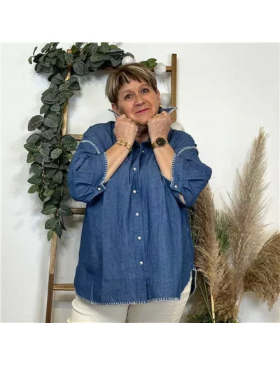 K472- Chemise finitions surpiquées (T40-T48) (bleu jeans)