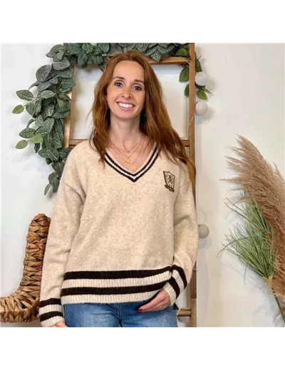 K069- Pull "R" Version Féminin (Tu) (beige)