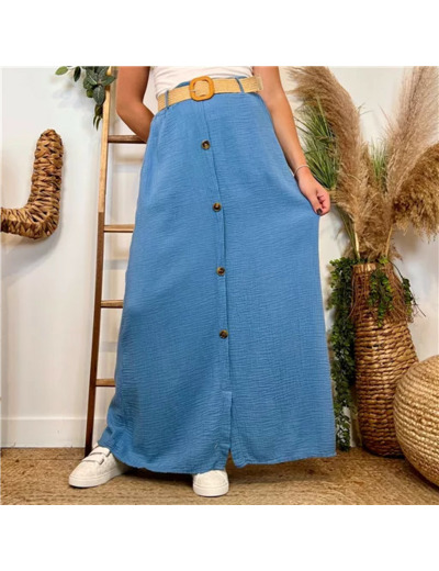 L723- Jupe gaze de coton + ceinture (Tu) 🇮🇹 (bleu jeans)