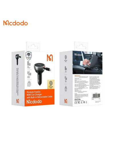 MCDODO Chargeur Allume-Cigare CC-4850 80W avec Câble Rétractable Noir