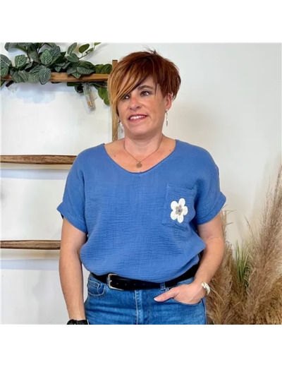 K248- Tunique coton Fleur 💮  (Tu) 🇮🇹 (bleu indigo)