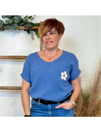 K248- Tunique coton Fleur 💮  (Tu) 🇮🇹 (bleu indigo)