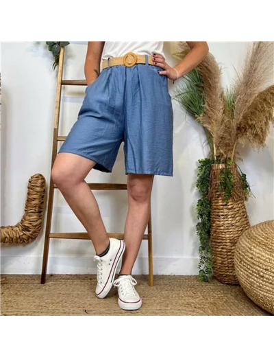 L727- Short Flou Ceinture (Tu) (bleu indigo)