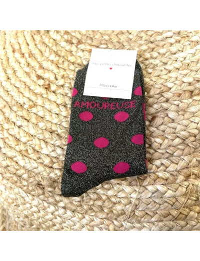V313- Chaussettes paillettes "Amoureuse" (kaki)