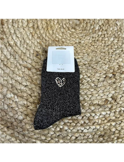 V314- Chaussettes "Coeur Léopard" (noir)