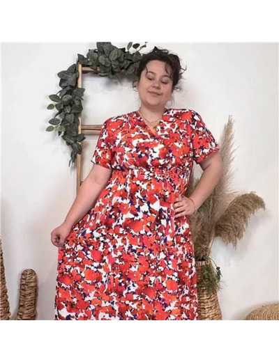 K322- Robe longue Coquelicots (T40-T48) (corail)