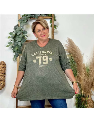 Z137- Pull femme grande taille motif doré Californie 79 (kaki)