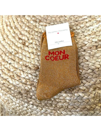 V325- Chaussettes paillettes "Mon Coeur" (moutarde)