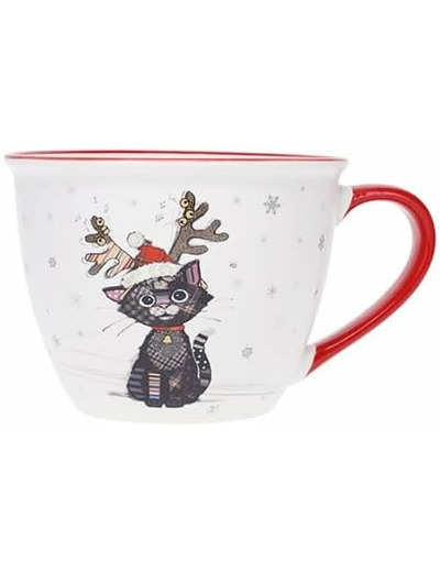 KIUB Bol timbale avec une anse - Motif chat noir fêtant Noël - matière porcelaine - contenance 550ML