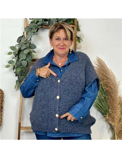 K128- Gilet bouclette sans manches (Tu) (bleu jeans)