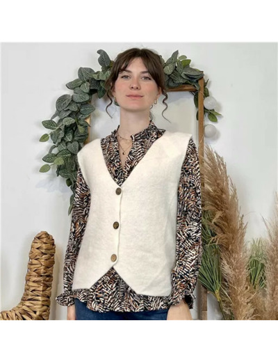 K043- Gilet sans manche en maille (Tu) (ecru)