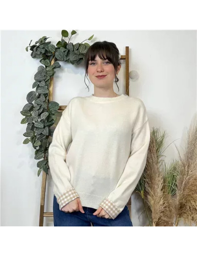 K519- Pull "Vichy" Version Féminin (Tu) (beige)