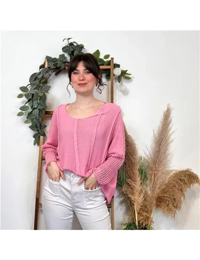 K376- Pull Crop-Top déstructuté(Tu) (rose bébé)