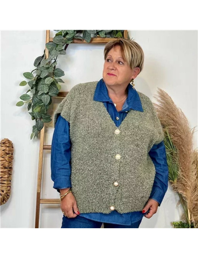 K128- Gilet bouclette sans manches (Tu) (kaki)