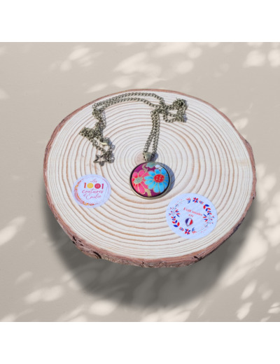 Collier Sautoir bouton "Firenze" en tissu japonais fleuri tons roses