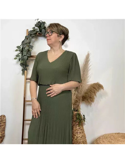 K321- Robe Plissée unie (TU) 🇮🇹 (kaki)