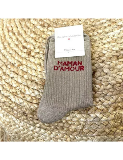V315- Chaussettes paillettes "Maman d'Amour" (taupe)