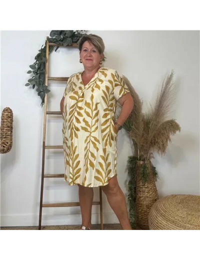 K150- Robe Christy "Feuilles" (T44-T52) (moutarde)