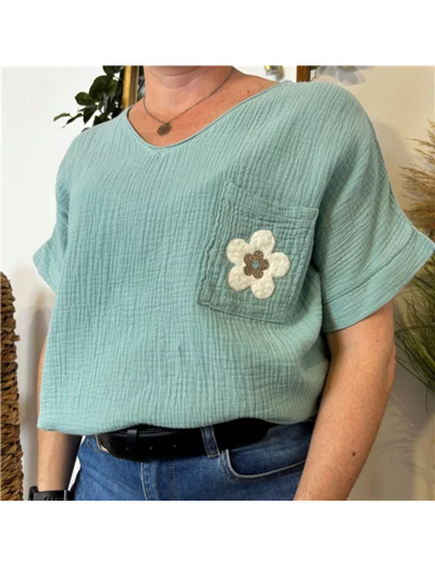 K248- Tunique coton Fleur 💮  (Tu) 🇮🇹 (vert céladon)