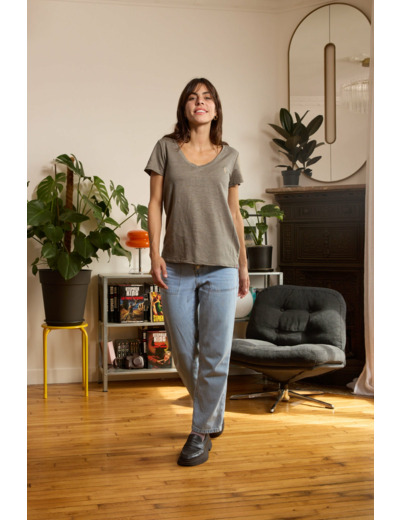 T shirt en lin femme - kaki - col V
