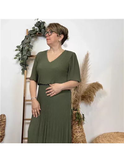 K321- Robe Plissée unie (TU) 🇮🇹 (kaki)