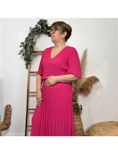 K321- Robe Plissée unie (TU) 🇮🇹 (fuchsia)