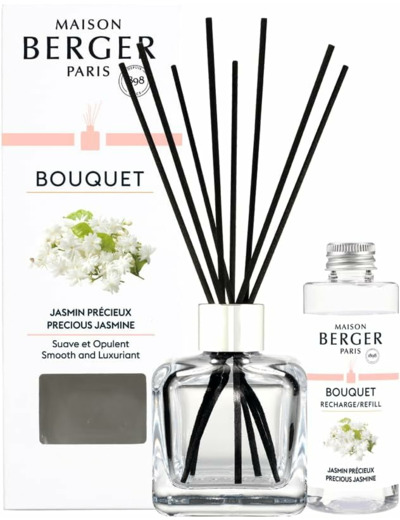 MAISON BERGER - Bouquet Parfumé - Modele Glaçon Transparent - 6 Brins Noirs - 21 cm - Recharge de 100 millilitres Incluse - Durée de Diffusion 4 à 6 semaines (Jasmin Précieux)