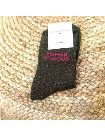 V315- Chaussettes paillettes "Maman d'Amour" (kaki)